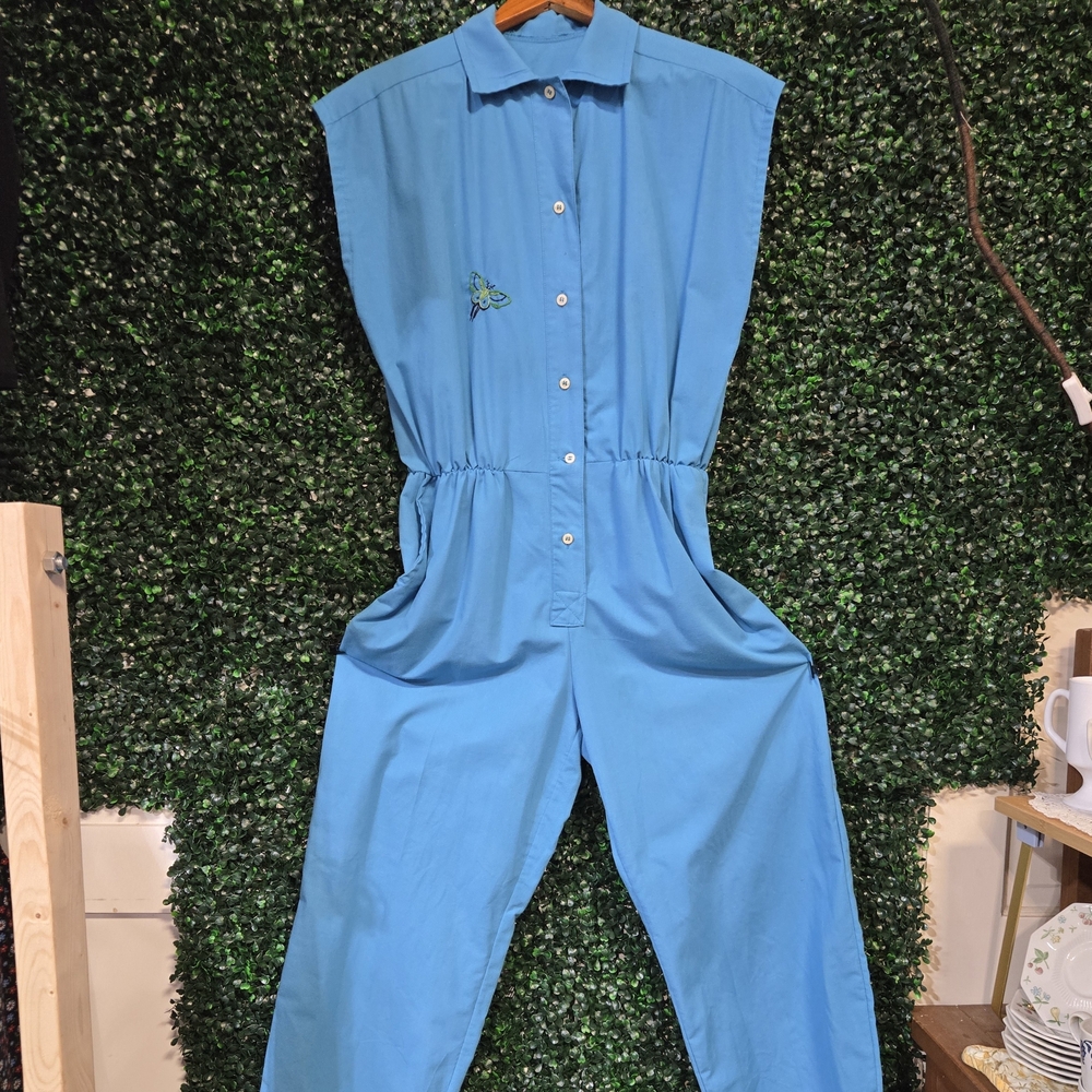 Vintage Button-Up Jumpsuit, Embroidered Upcycle